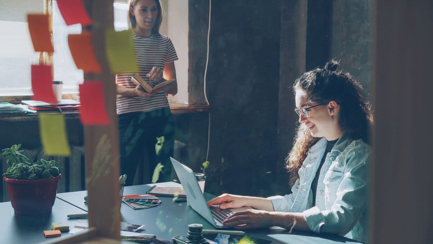 Two colleagues working together in a sunlit office.